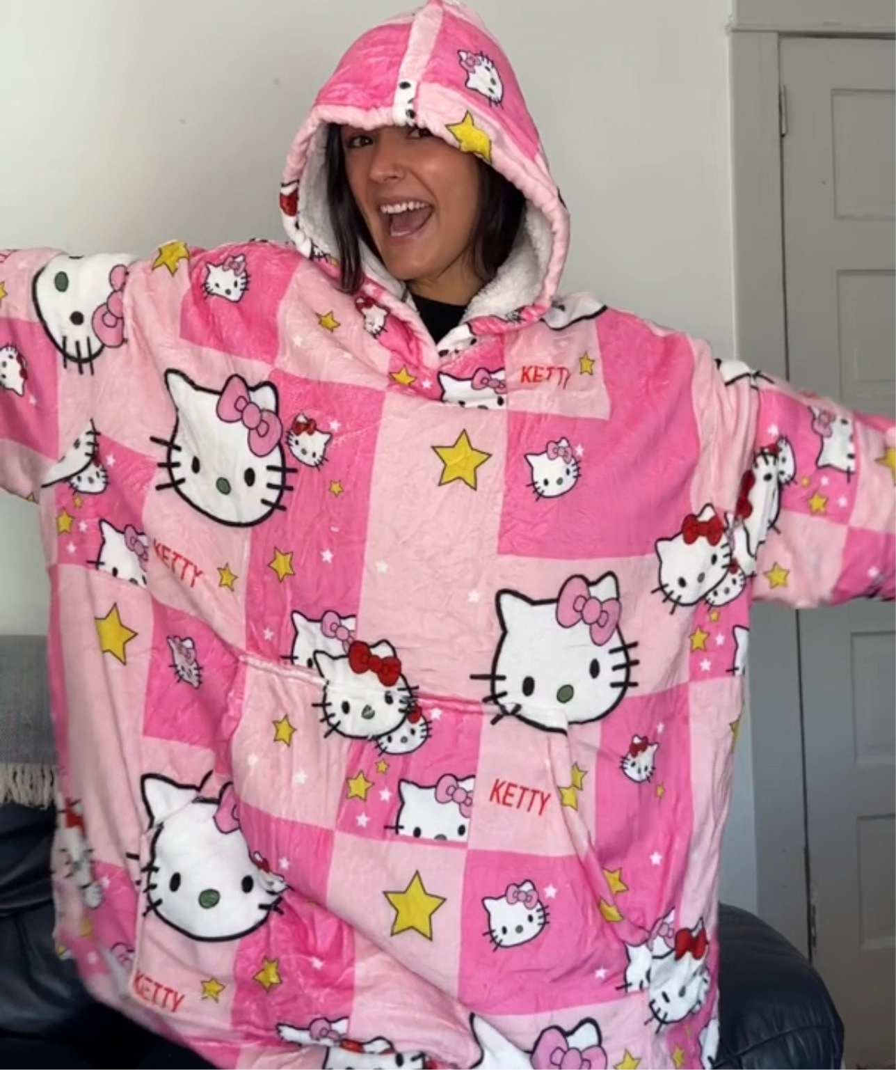 Anime Blanket Hoodie  oversize snuggle Sherpa Hello Kitty