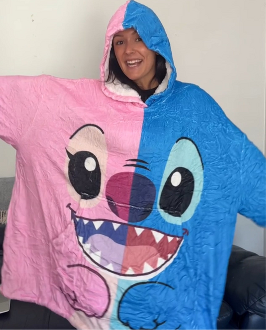 Anime Blanket Hoodie  oversize snuggle Sherpa Stitch and Angel