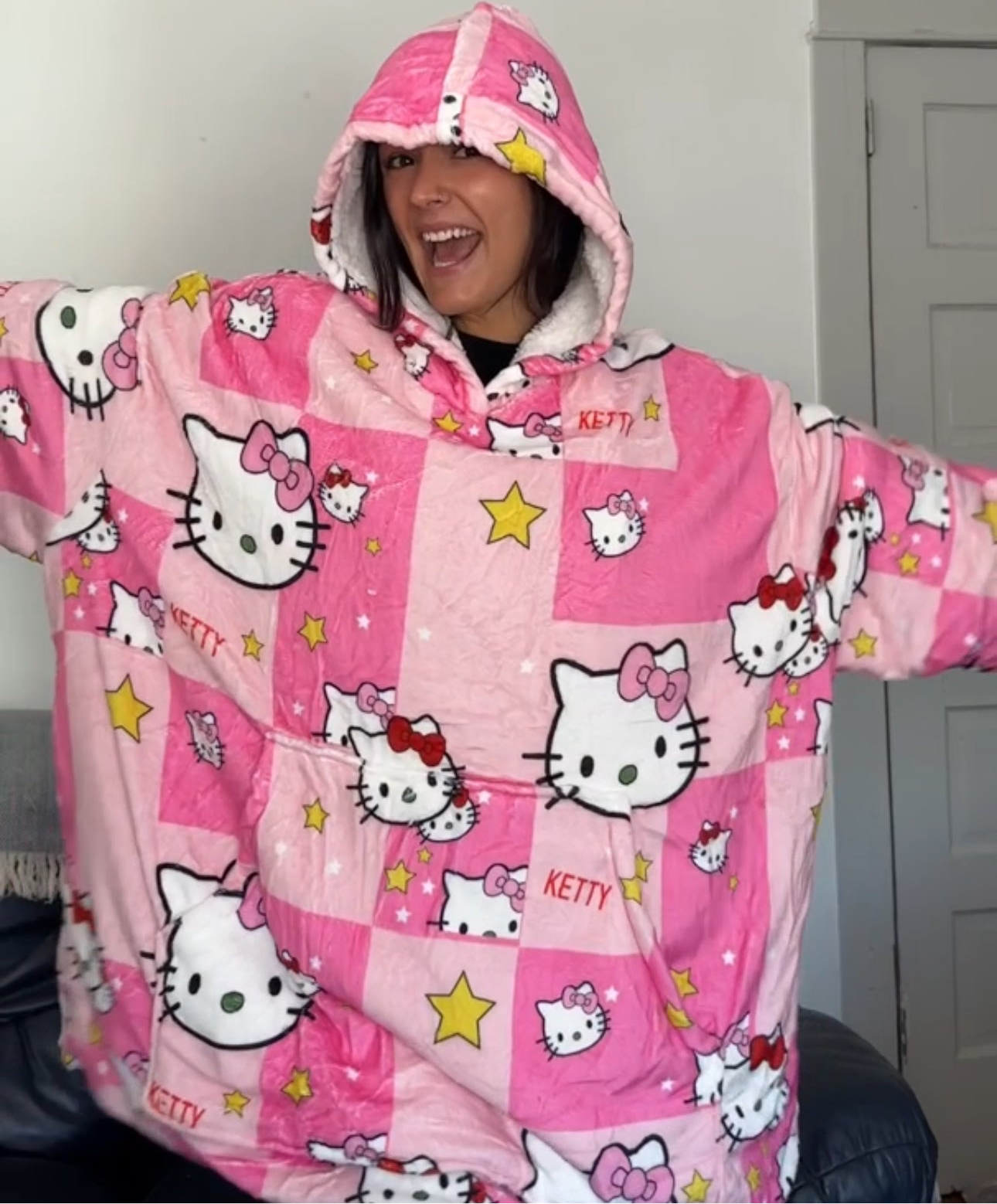 Anime Blanket Hoodie  oversize snuggle Sherpa Hello Kitty