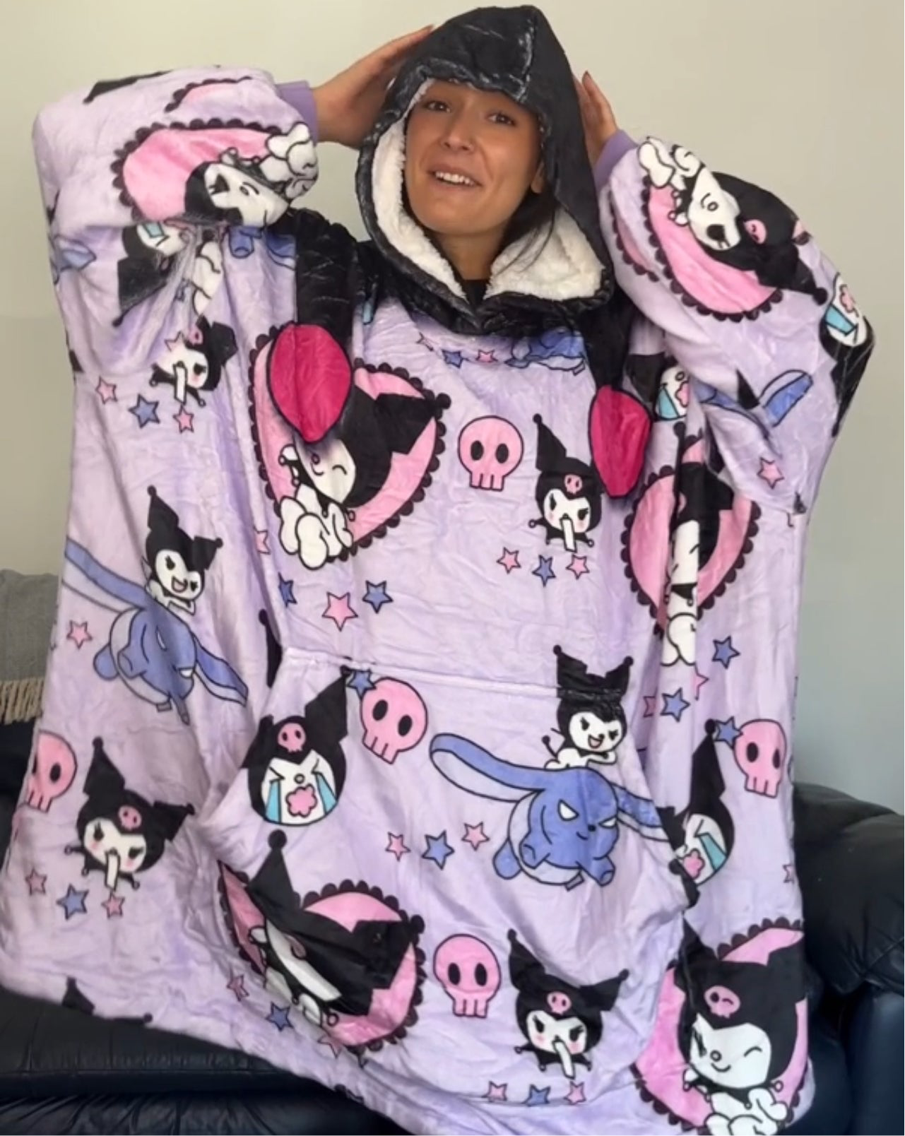 Anime Blanket Hoodie  oversize snuggle Sherpa Kuromi hello kitty  Blanket Hoodie