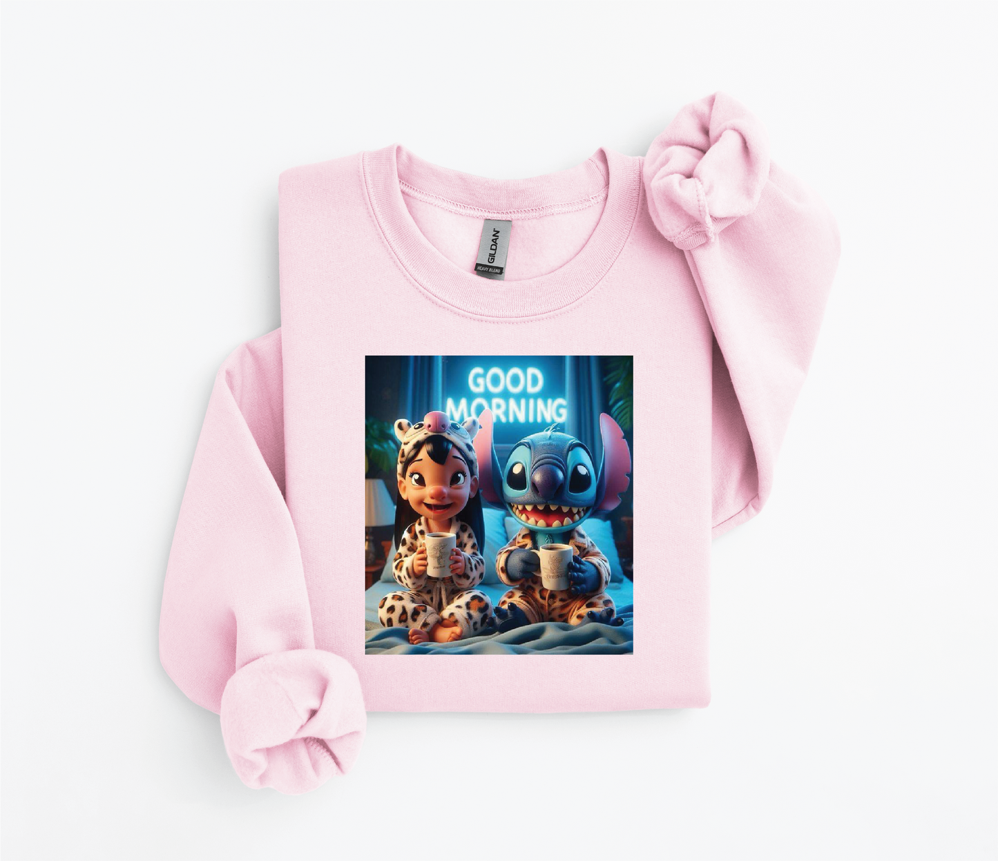 Lilo & Stitch "Good Morning" Sweater | Cozy Coffee Bedtime Design | Gildan 18500 | Kids &Adult Sizes | DTF Print