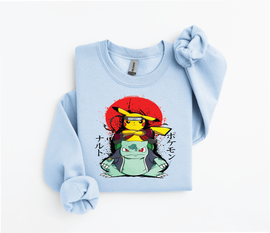 Naruto-Inspired Pikachu Riding Bulbasaur Sweater | Gildan 18500 | Kids & Adult Sizes | DTF Print