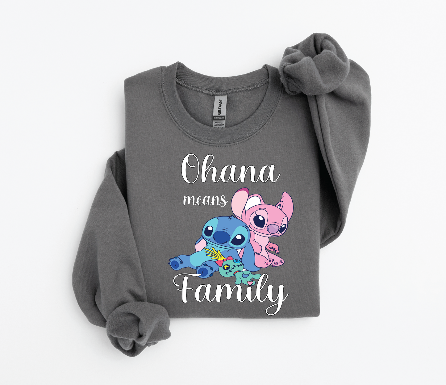 Stitch & Angel "Ohana Means Family" Sweater | Gildan 18500 | Kids & Adult Sizes | DTF Print