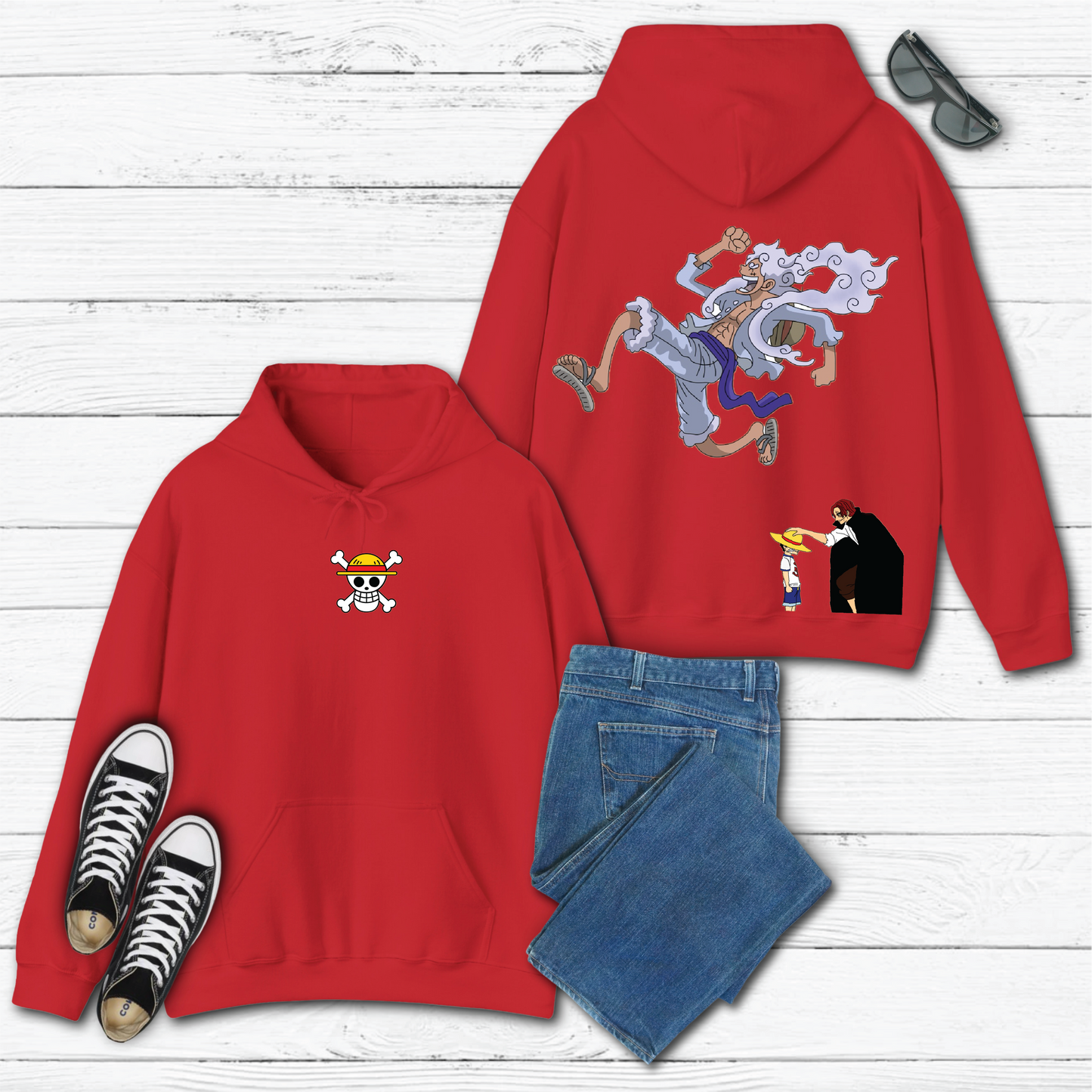 Monkey D. Luffy Gear Five & Shanks Hat Exchange – Dual Timeframe Hoodie youth and adult size