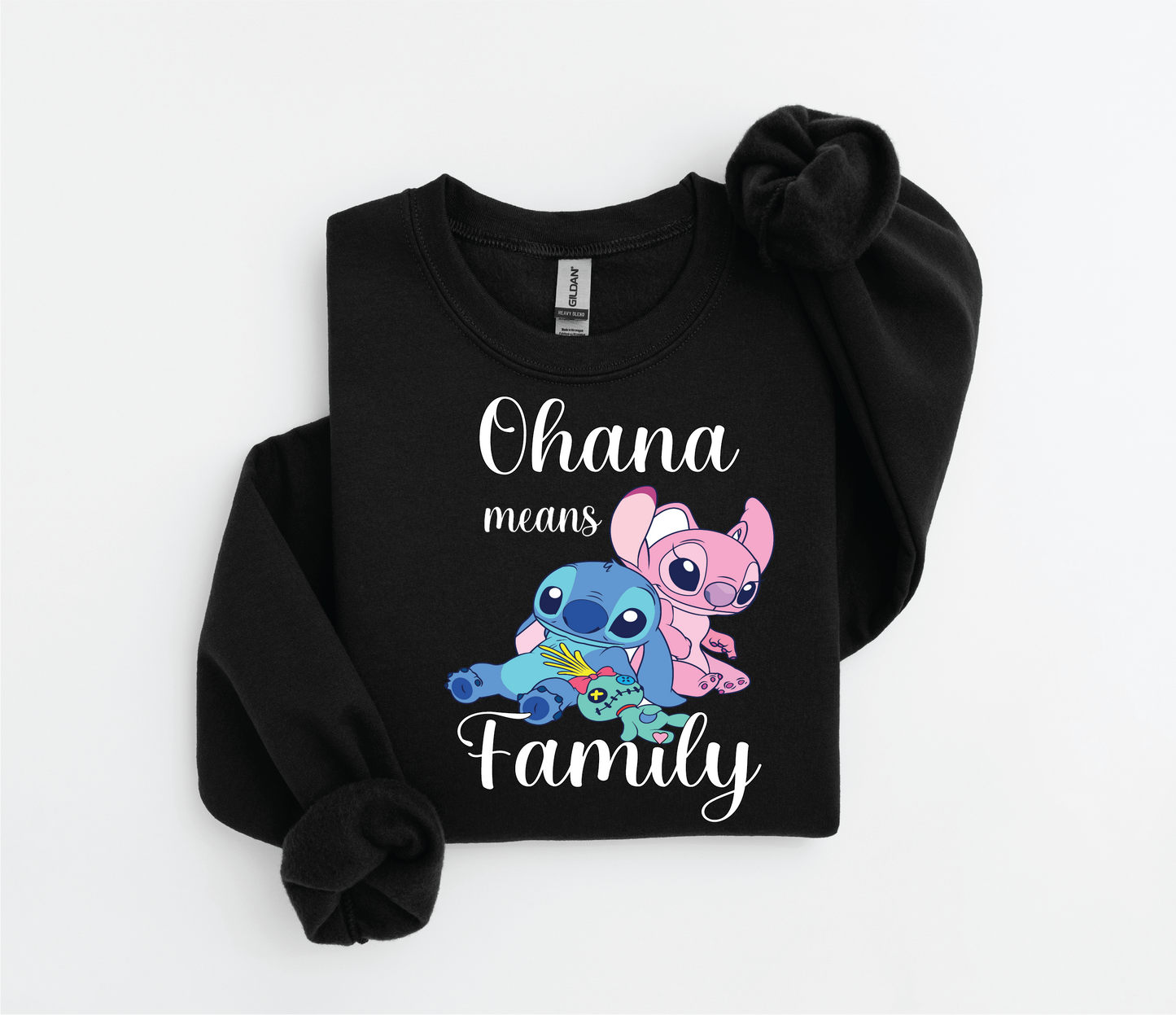 Stitch & Angel "Ohana Means Family" Sweater | Gildan 18500 | Kids & Adult Sizes | DTF Print