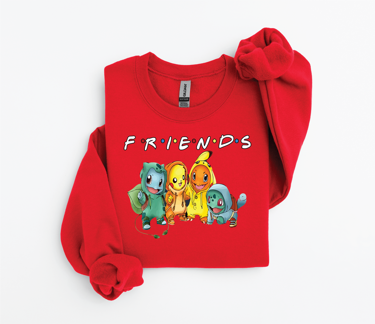 Friends Pokémon Sweater – Bulbasaur, Pikachu, Squirtle, Charmander | Gildan 18500 | Kids & Adult Sizes | DTF Print