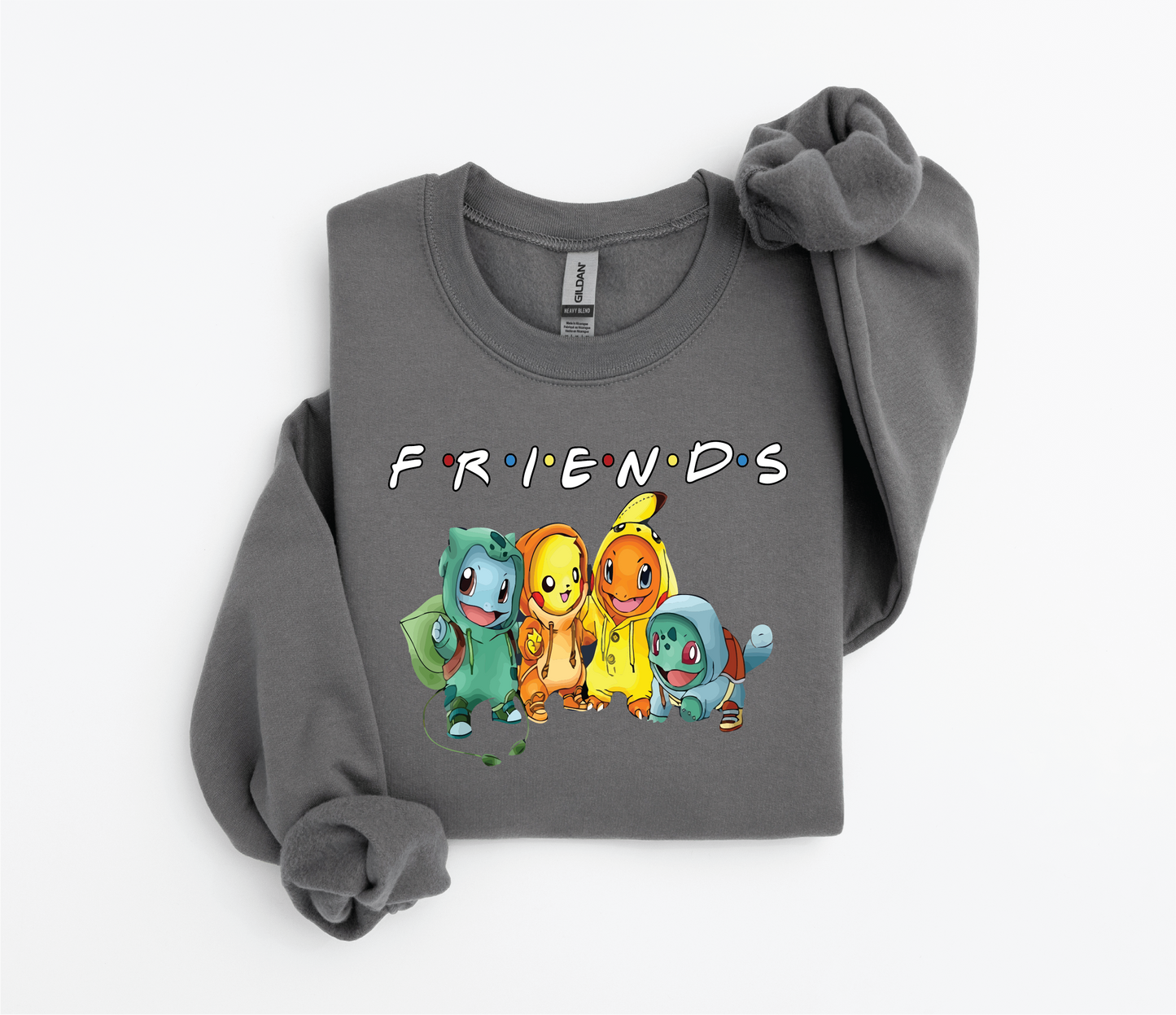 Friends Pokémon Sweater – Bulbasaur, Pikachu, Squirtle, Charmander | Gildan 18500 | Kids & Adult Sizes | DTF Print