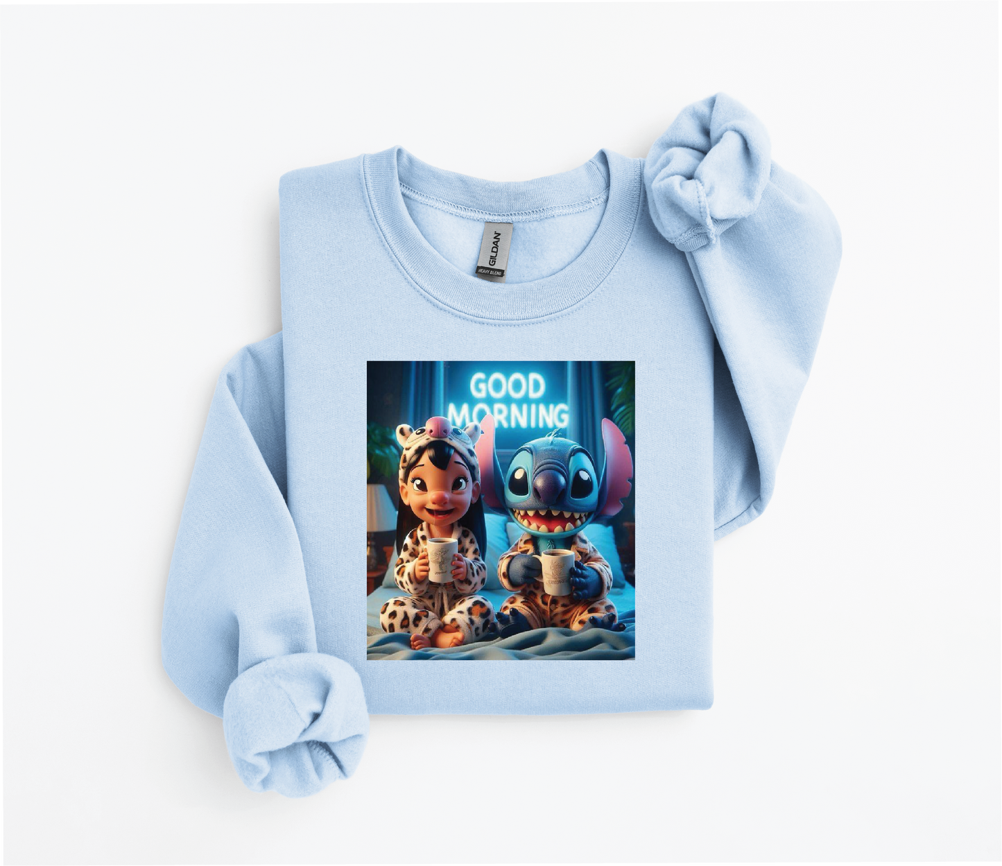 Lilo & Stitch "Good Morning" Sweater | Cozy Coffee Bedtime Design | Gildan 18500 | Kids &Adult Sizes | DTF Print