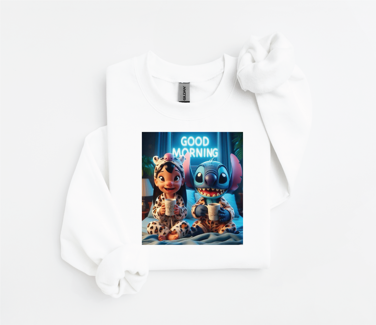 Lilo & Stitch "Good Morning" Sweater | Cozy Coffee Bedtime Design | Gildan 18500 | Kids &Adult Sizes | DTF Print