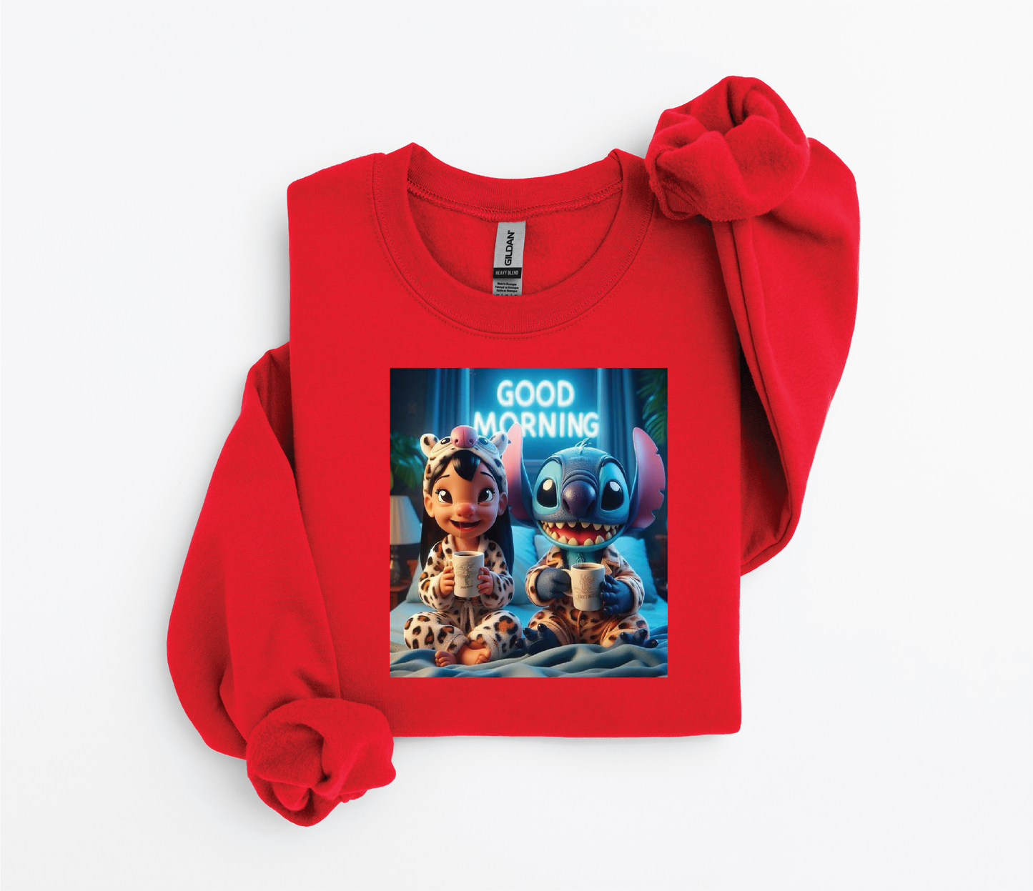 Lilo & Stitch "Good Morning" Sweater | Cozy Coffee Bedtime Design | Gildan 18500 | Kids &Adult Sizes | DTF Print