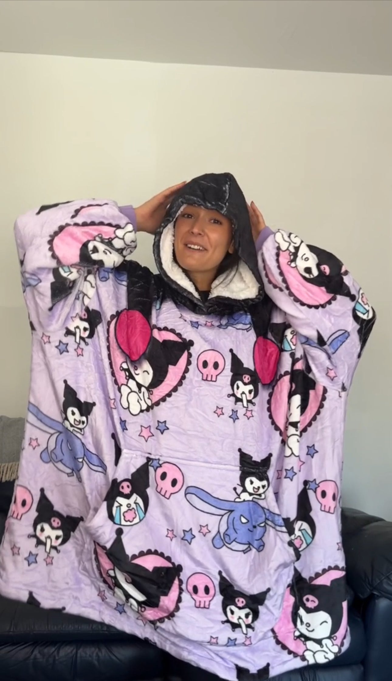 Anime Blanket Hoodie  oversize snuggle Sherpa Kuromi hello kitty  Blanket Hoodie