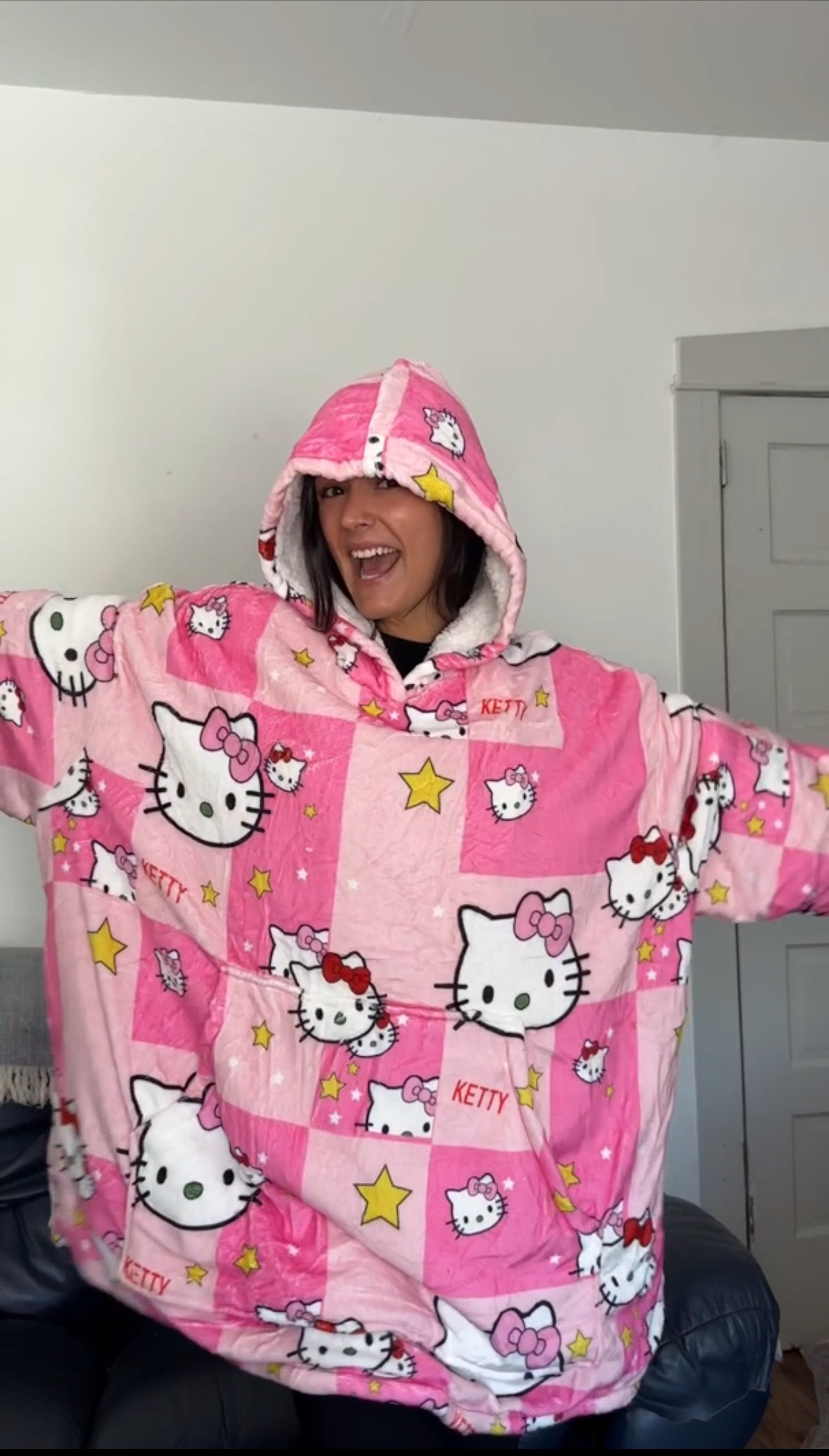 Anime Blanket Hoodie  oversize snuggle Sherpa Hello Kitty